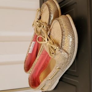 Gold animal print kids Sperry's